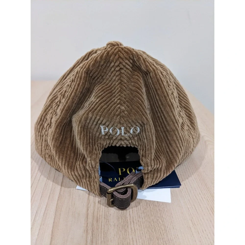 Polo Ralph Lauren Corduroy Pony Baseball Golf Cap Hat Leather Strap Khaki